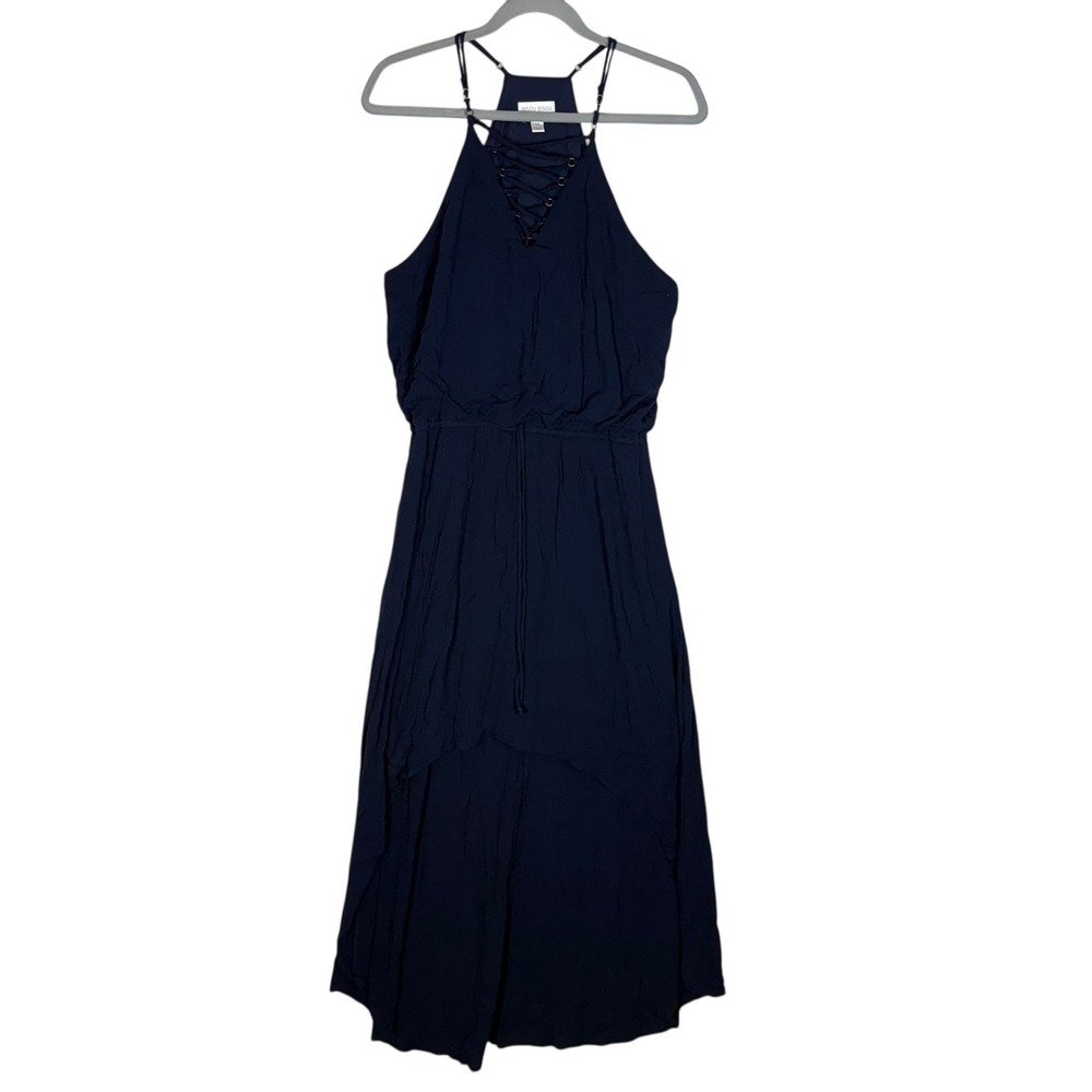 Bisou Bisou Michele Bohbot Maxi Dress Women's 14 Blue Lace-Up Front Belted Waist